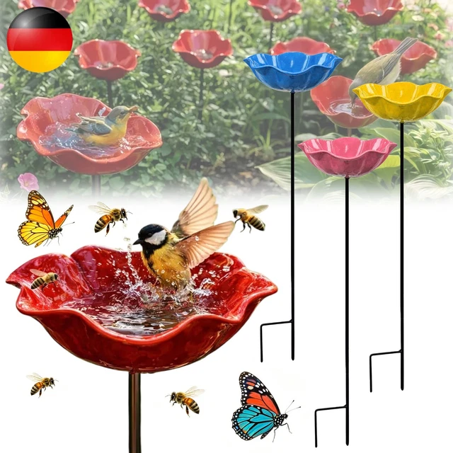 Handgefertigte Vogeltränke Als Blume – Harz Mit Metallstecker, 65 Cm Rot, Für Garten, Terrasse & Balkon – Bienen- Und Schmetterlingsfreundlich