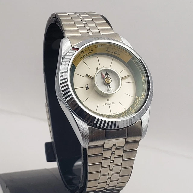 Montre Dalil Muslim Automatique Suisse Des Années 70 - Boîtier Acier 41mm, Cadran Noir Chiffres Arabes - Occasion