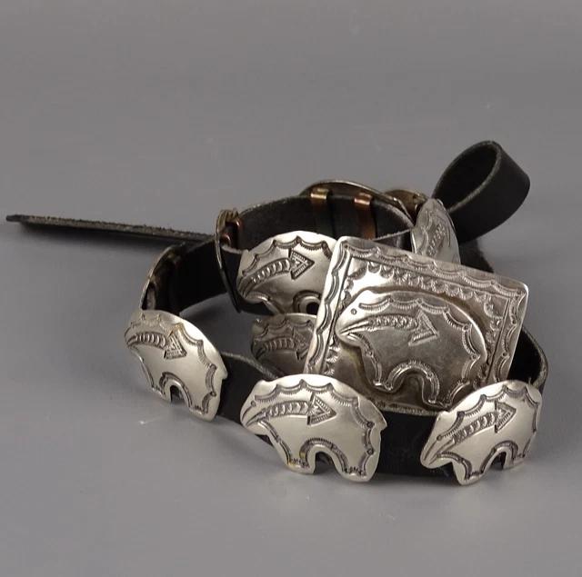 Vintage Signed Navajo James Shay, Tooled Sterling Silver Bears Concho Belt Vintage Signed Navajo James Shay, Tooled Sterling Silver Bears Concho Belt