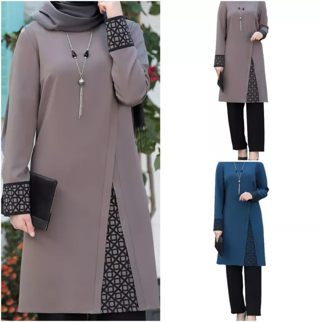 Womens Robe Long Sleeve Muslim Abaya Suits Set Top Pants Islamic 2-Piece Arab 2