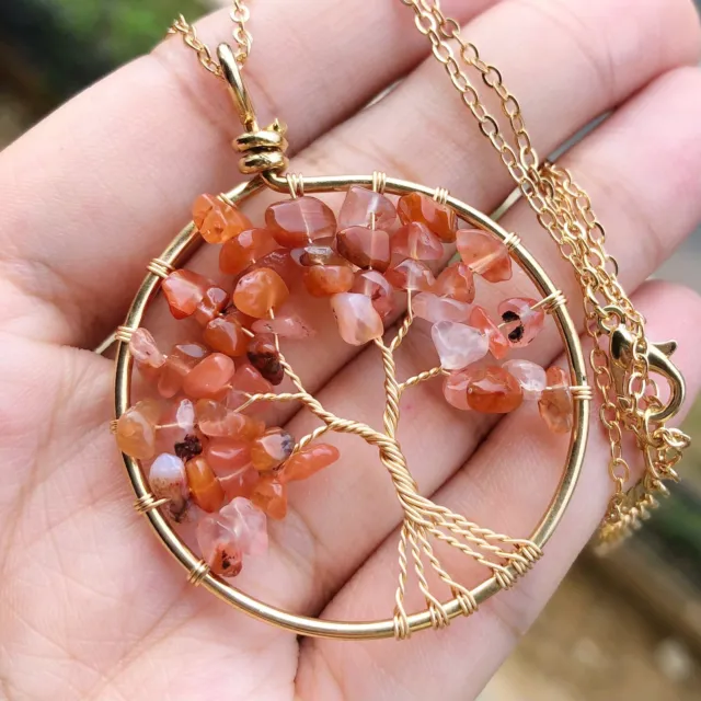 Red Agate Gem Tree Of Life Water-Drop Necklace Chakra Reiki Healing Amulet