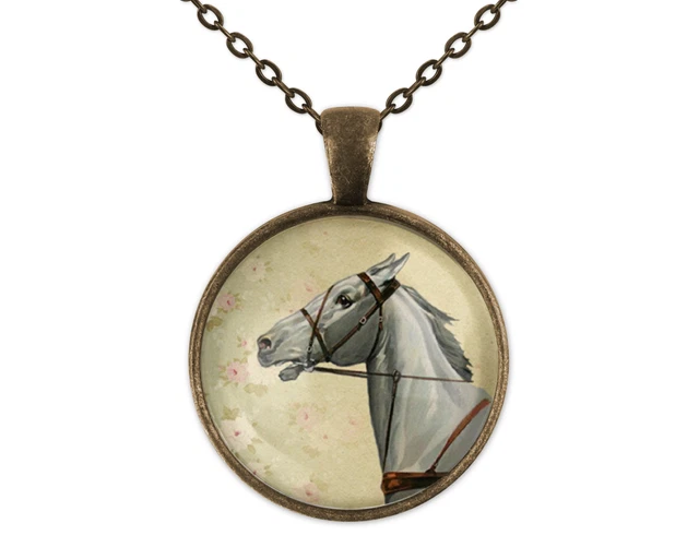 Horse Art Glass Pendant Necklace Bronze New 20 Inch Chain Cowboy Cowgirl Western