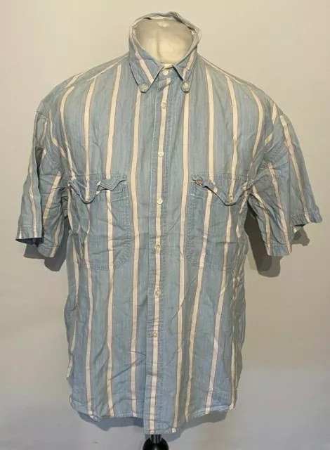 Camicia Levi's VINTAGE da uomo grande blu a righe maniche corte cotone etichetta bianca