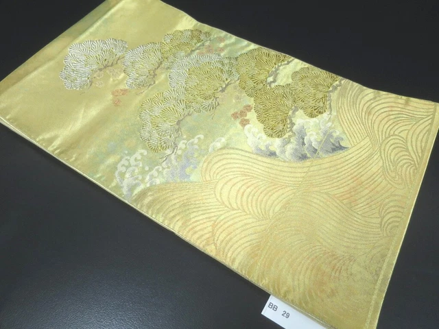 BB29W2 Silk Vintage Japanese Kimono Fukuro Obi Pine Tree Plum blossom Wave
