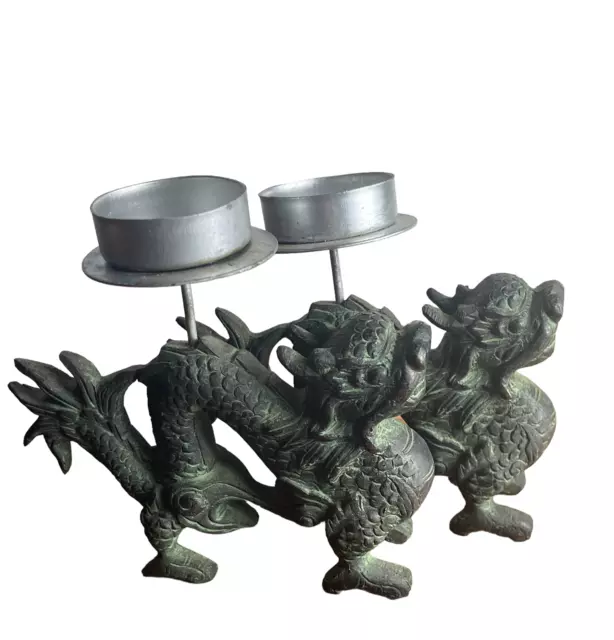 Vintage Pair Cast Iron Chinese Dragon Candle Tealight Holders Serpent d4