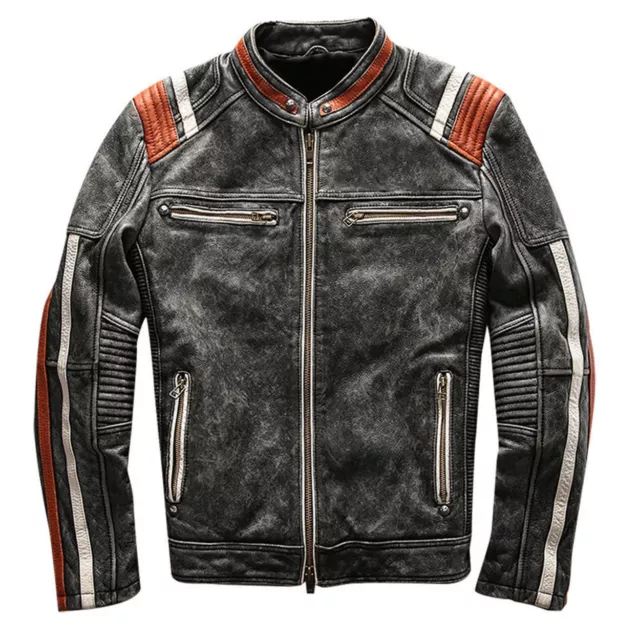 Men's Vintage Motorcycle Cafe Racer Biker Retro Moto Distressed Leather Jacket