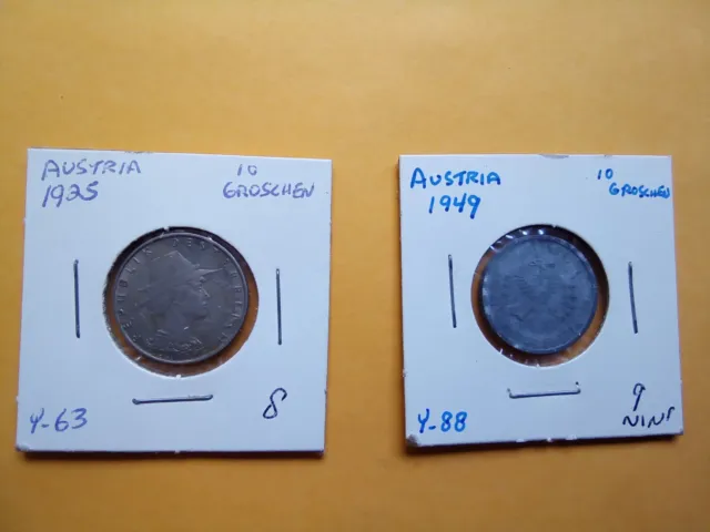 COINS  AUSTRIA 1925 10 Groschen & 1949  10 Groschen   Nice  Circulated