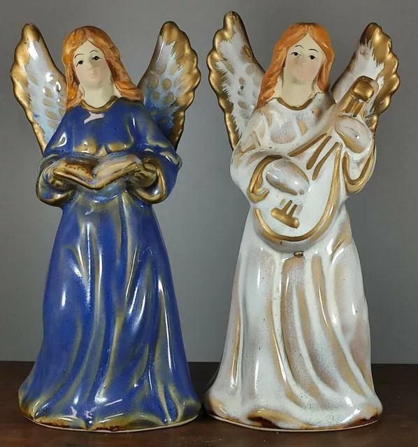 Christmas Bells Ceramic 5.5" Angels Set Of 2 Playing Instrument and Reading