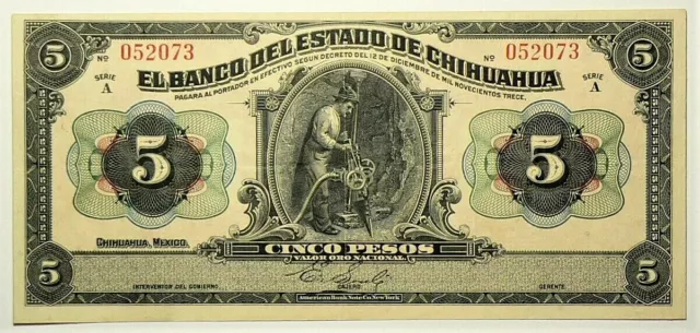 1913 Mexico Banco Estado Chihuahua 5 Pesos P132a #11348