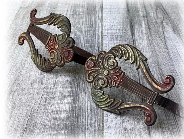 Antique Pair Victorian Curtain Pull Tiebacks Cast Metal Gilt JUDD Lyre Shaped