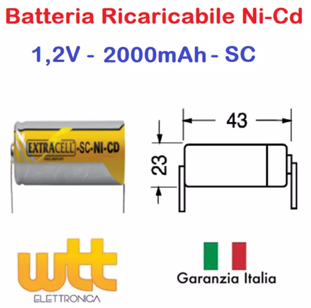 BATTERIA PILA NiCd SC 1,2v 2000 mah a saldare TRAPANO AVVITATORE Ni-Cd 22x42mm