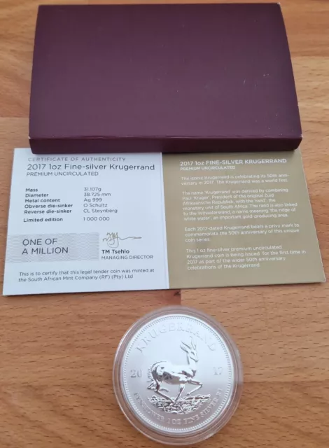 2017 Krugerrand  1oz. 999 Fine Silver Coin & COA in Capsule WITH CERTIFICATE 