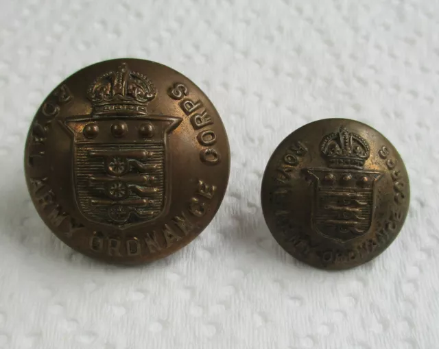 2x British:"ROYAL ARMY ORDNANCE CORPS BRASS BUTTONS" (25mm-18mm, WW2 Era)