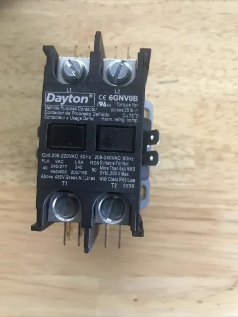 Dayton 6Gnv0 208/240Vac Non-Reversing Definite Purpose Contactor 2P 40A