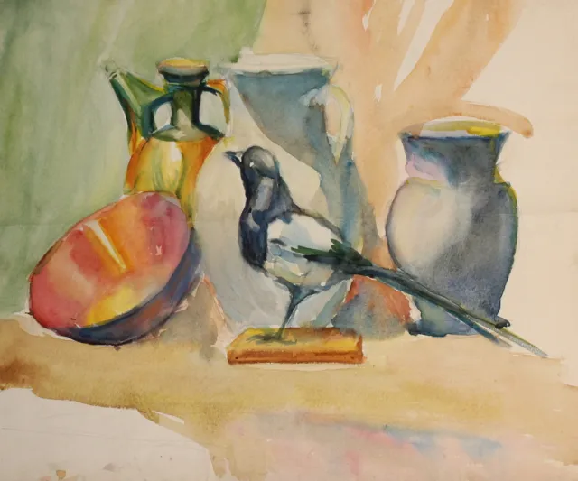 Vintage watercolor painting still life vessels and bird figurine