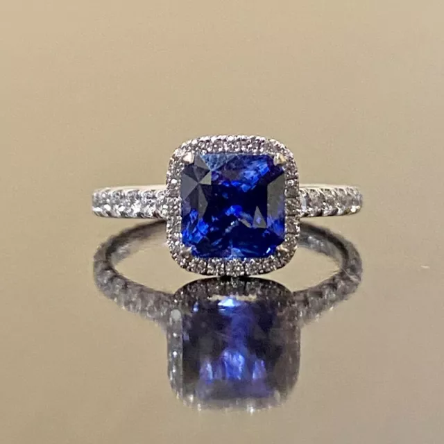 2.8Ct Cushion Cut Blue Sapphire Diamond Halo Engagement Ring 14K White Gold Over