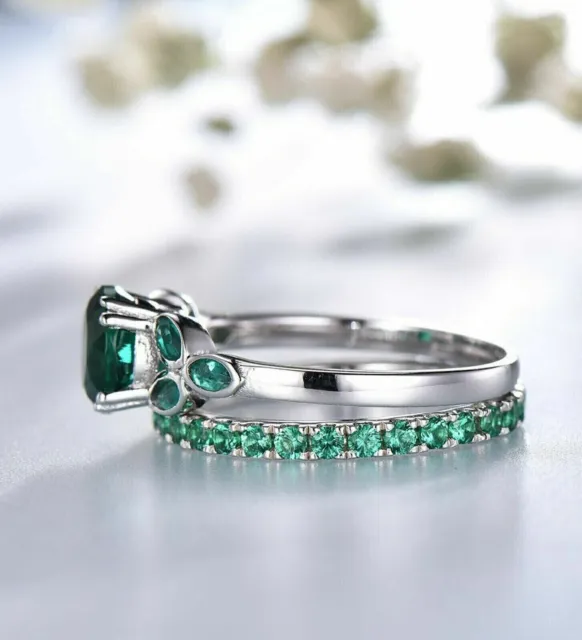 3CT ROUND CUT Lab-Created Emerald Diamond Bridal Ring Set 14K White ...