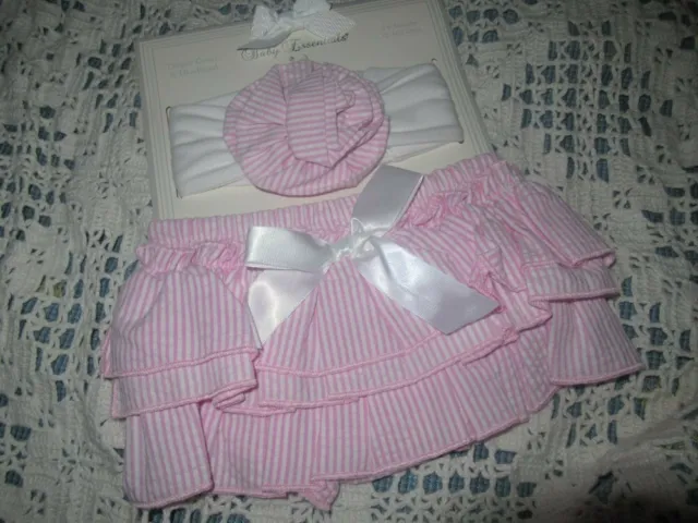 nwt Baby Essentials pink seersucker ruffle diaper cover head band girl 3 m  6 m