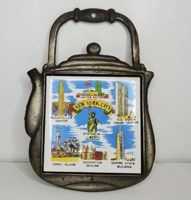 Vintage Metal Tile Trivet Souvenir "New York City" Teapot shape Landmarks 1950's