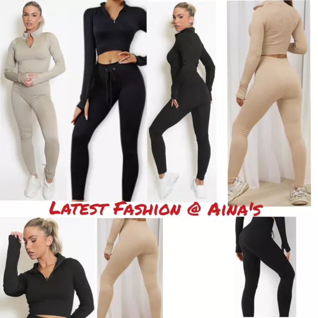 Women Ribbed Two Piece Gym Set Ladies Half Zip Hole Top Lace Up Leggings  Sports