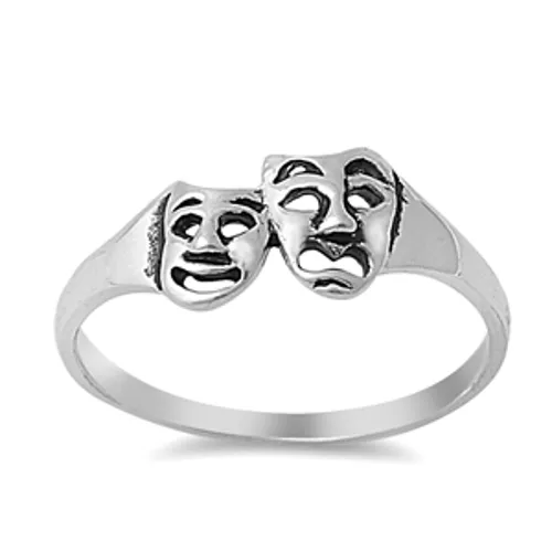 Happy Face Sad Face Ring, Sterling Silver, Greek Theater Comedy Tragedy Mask