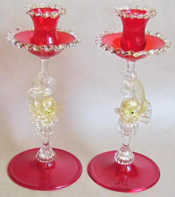 VENETIAN SALVIATI PAIR OF RUBY & GILT DOLPHIN CANDLESTICKS (Ref9423)