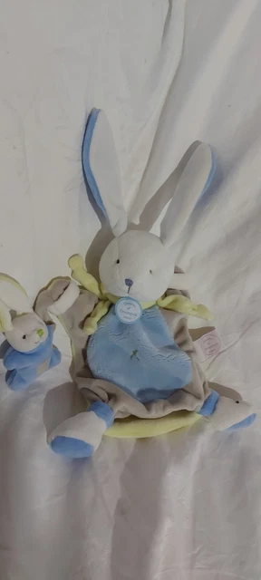 Doudou Et Compagnie Lapin + Son Bébé Bleu Vert Gris Blanc marionnette ÉTAT NEUF