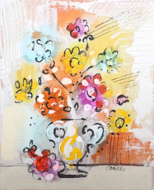 Charles Cobelle, Vase mit Blumen (Orange Und Rosa ) 2, Acryl auf Leinwand, Signe