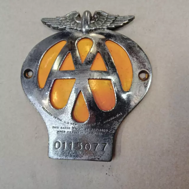 Vintage Metal AA Classic Car Badge - 1960's - Serial No 0115077