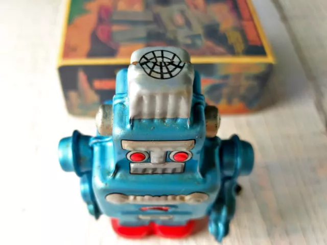 Tin Toy Smoking Robot Wind-Up Spring Action vintage Rare Bleu Yonezawa Japon 3