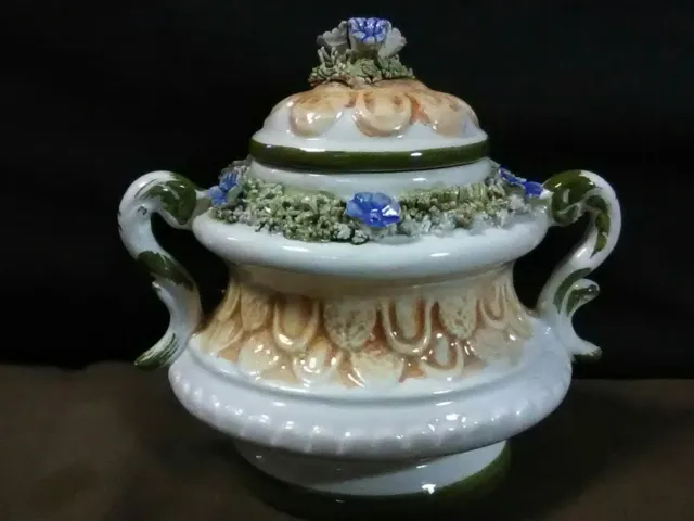 Unique Vtg.Bassano Italy Majolica Pottery Small Handled Sugar Bowl w/Lid
