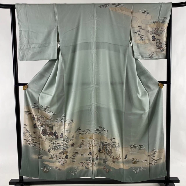 Japanese Kimono Silk Houmongi Vintage Gold Gray Green Silver Vehicle People 61"