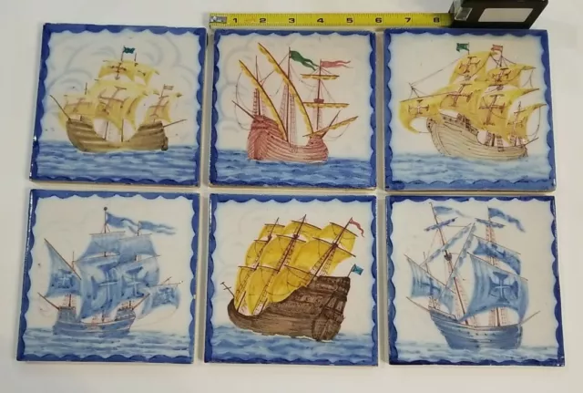 Portugal Hand painted Tall Ships Ceramic tiles Sant Anna 5.5 square NOS six