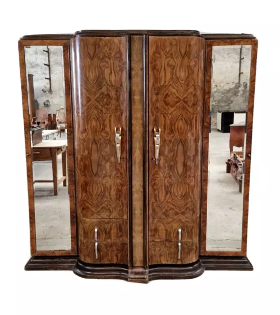 Vintage Art Deco Wardrobe French 1930s Four Door in Burr Walnut