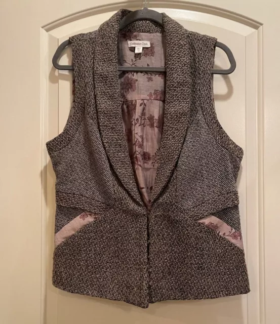 Coldwater Creek Women's Brown Tweed collared Vest with Floral Print SZ 14