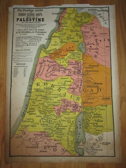 Vtg. Peerless Sunday School Map #2 "Palestine"-  25" X 17"- Heavy Linen Paper