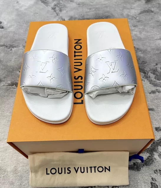 Louis Vuitton White Waterfront Monogram Metallic Slides UK 8 EU 42