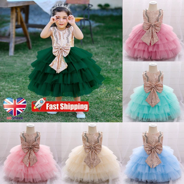 UK Kids Baby Girls Party Sequins Bow Dress Wedding Bridesmaid Dresses Princess
