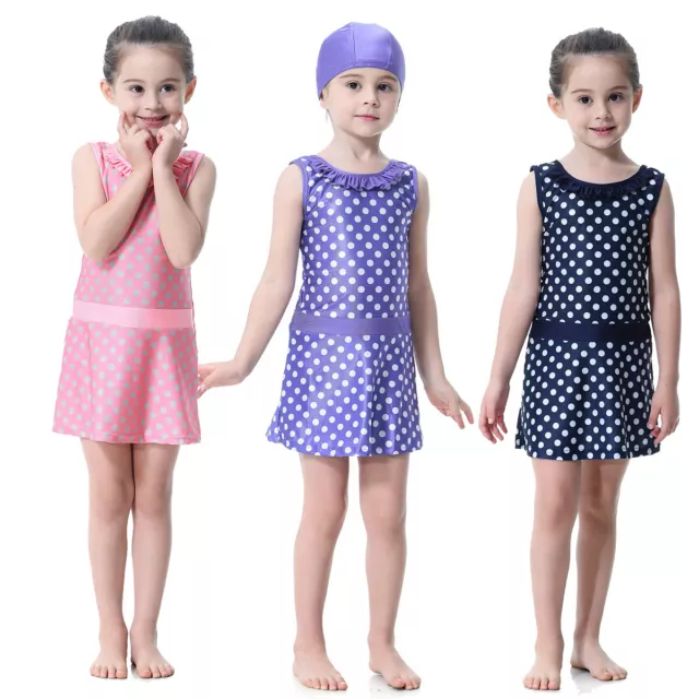 Kids Girls Swimwear Beachwear Swimsuit Polka Dot Muslim Bathing Suit Set Islamic