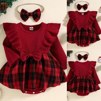 Christmas Newborn Baby Girls Ruffle Plaid Check Romper Dress Party Outfits Set