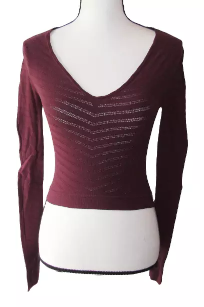 Free People Size M Dark Red Gone Adrift Long Sleeve Fitted Stretch Cropped Top