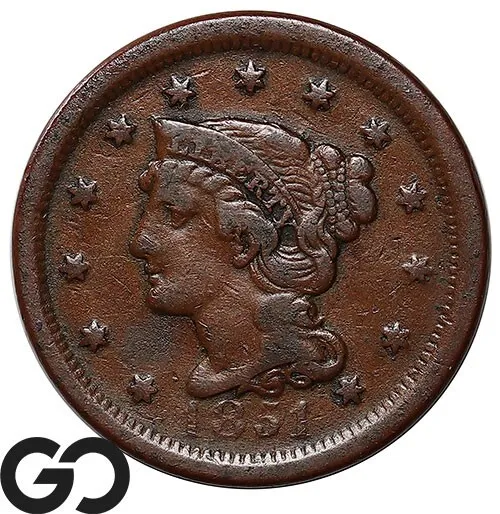 1851 Large Cent, Braided Hair ** Free Shipping!