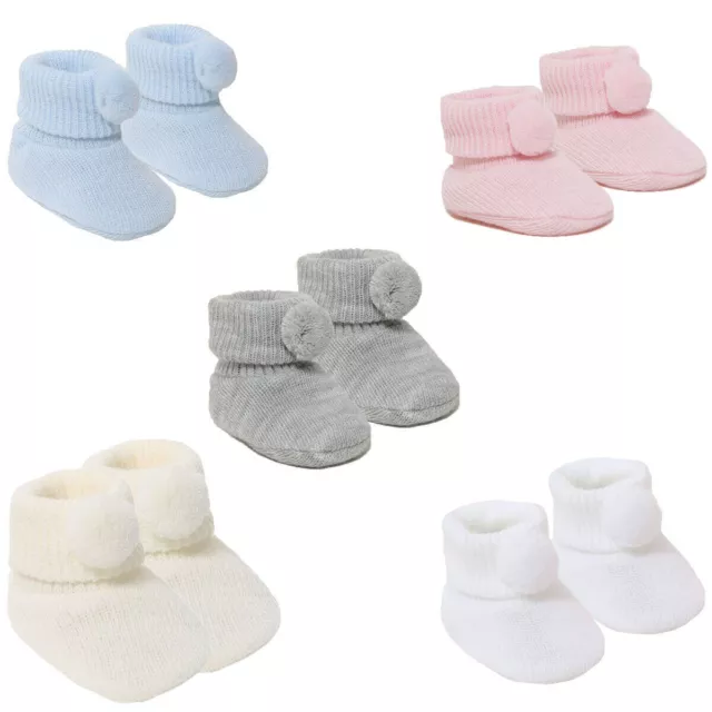 Newborn Baby Pom Pom Knitted Booties Bootees Boy Girl 0-3 Months