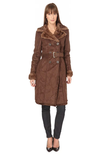 Manteau Caroll Imitation Peau Lainée - Marron, Taille 36/38 Femme - Occasion Comme Neuf