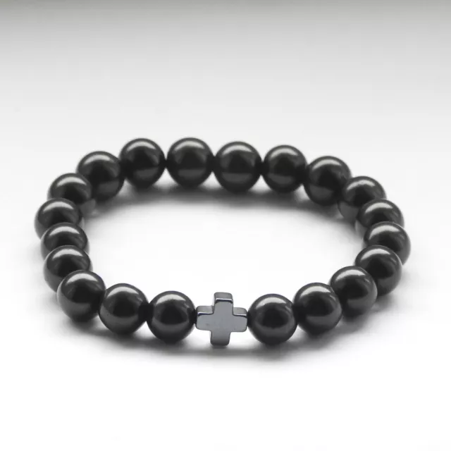 Shungite Bracelet Cross 8mm Bead Elastic cord - EMF Protection & Healing