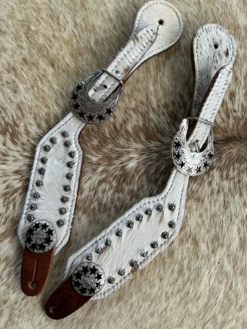 Adult Size Pair Of Genuine Hair On Cowhide Leather Western Spur Straps