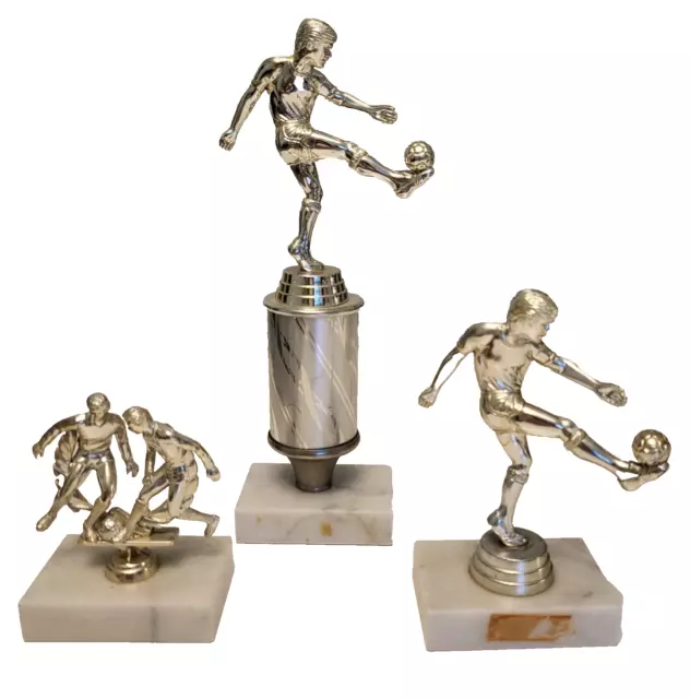 TROPHY Lot of 3, Boys Soccer Award Silver  Large Marble Base  app. 4 to 9" Tall