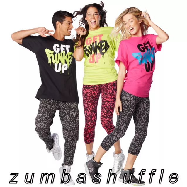 ZUMBA FITNESS GET Funked Up Tee BLACK GREEN PINK T-shirt - NEW