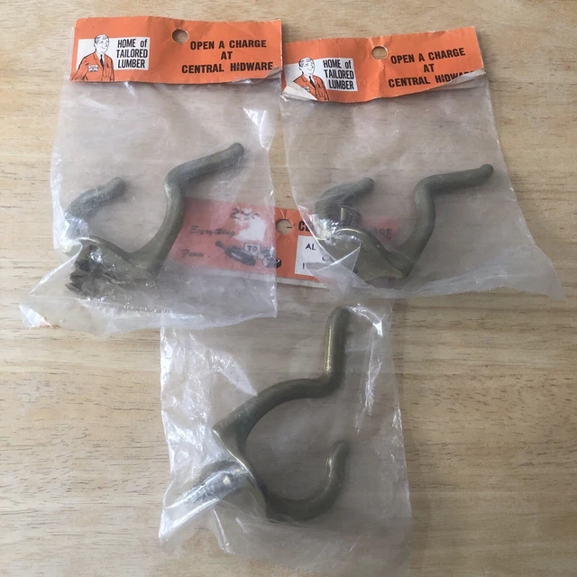 3x Antique Vintage Brass Plated Wall Mounted Coat Hooks w/ Screws NOS Hat Hook