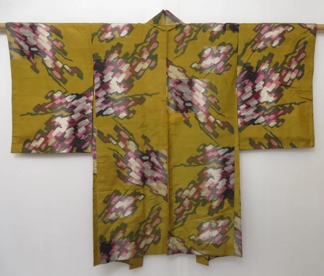 1407T10z480 Vintage Japanese Kimono Silk MEISEN HAORI Ochre Pine branch